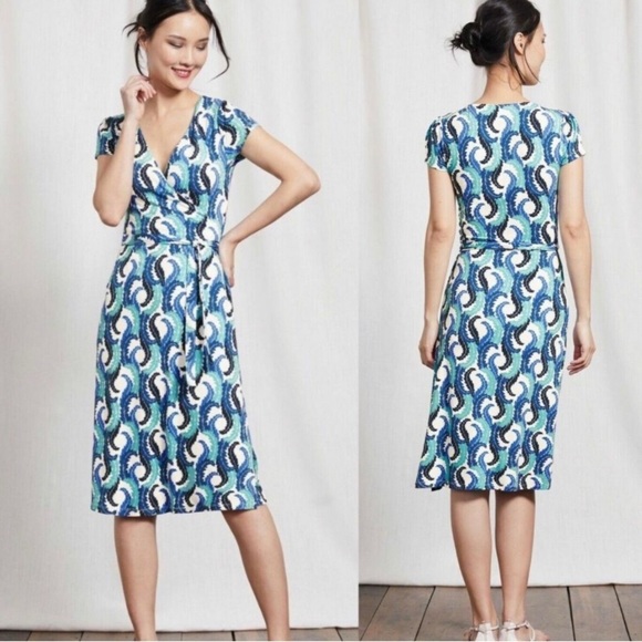Boden Wrap Dress Blue feather Print Midi size 12L - Picture 8 of 15